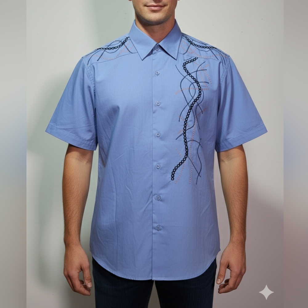 Vitorio Romani Men's NWT Blue Embroidered Short Sleeve Button Up Shirt Sz Small